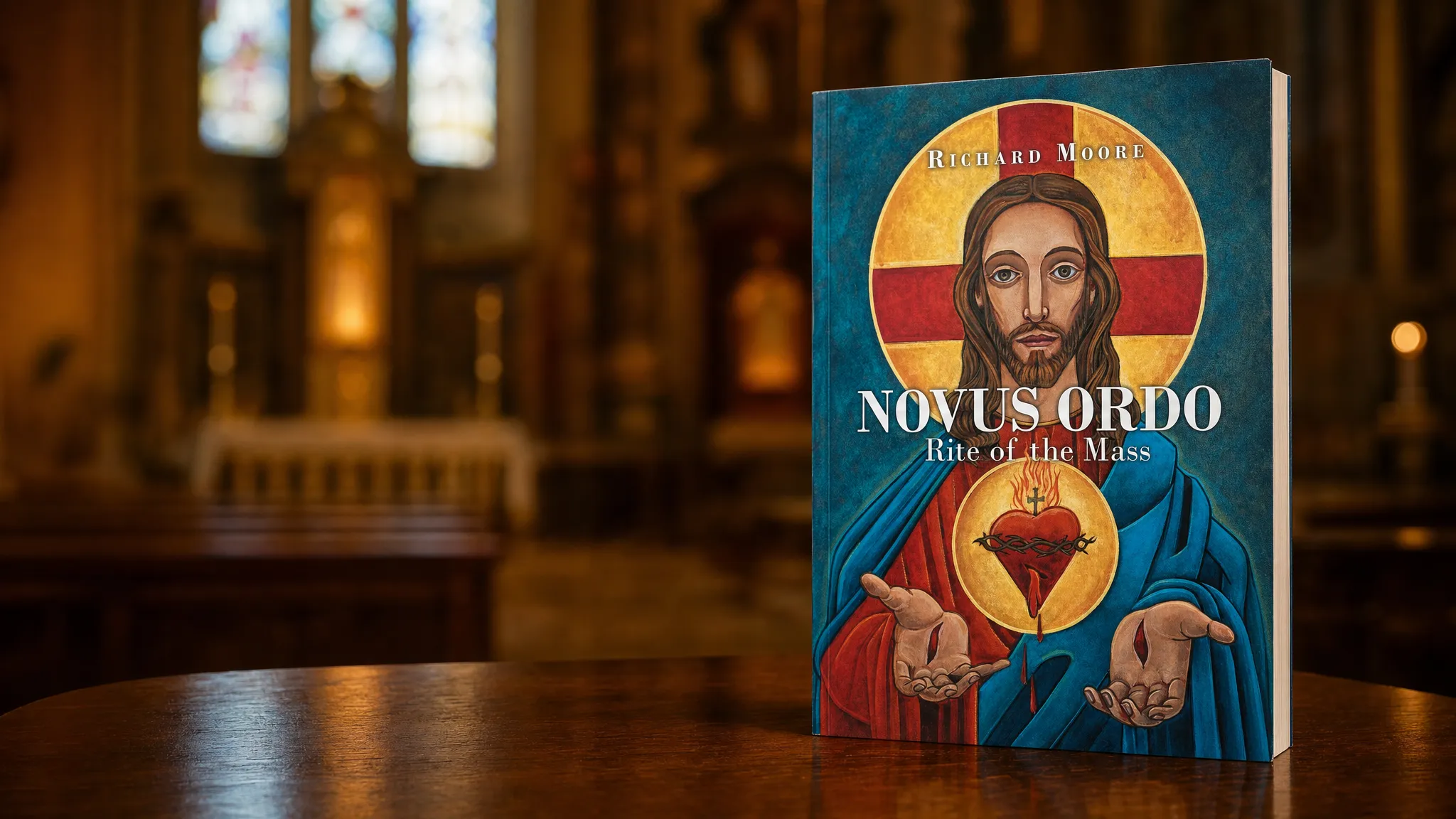 Novus Ordo: Rite of the Mass by Richard Moore, standing on a wooden table in a candlelit church, the Sacred Heart on its cover.