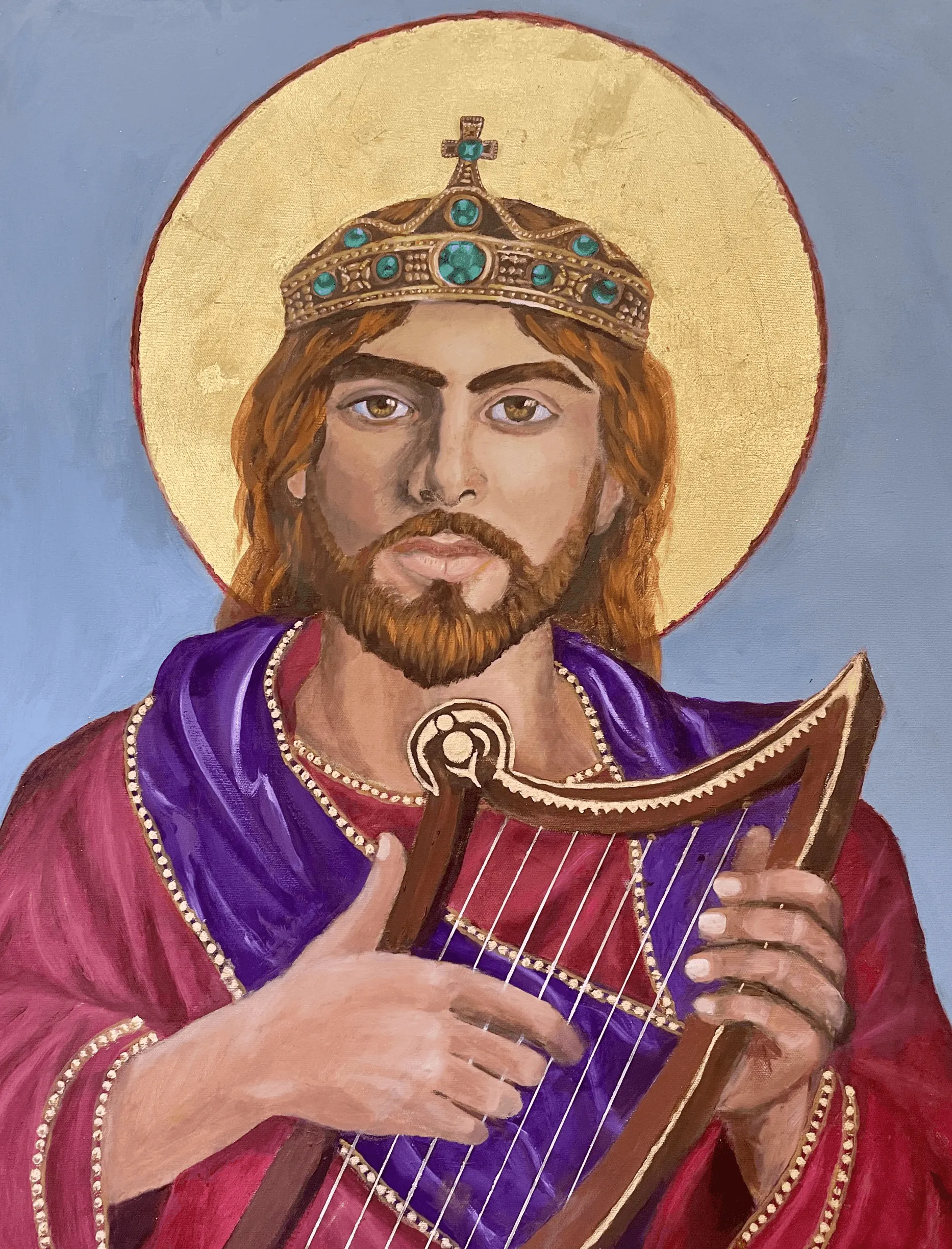 Forthcoming cover painting of King David the Psalmist with his harp, by Elizabeth Moore.