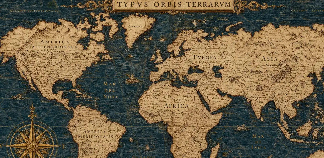 An antique illuminated map of the Atlantic world, with seven red wax seals tracing Richard Moore's journey from Denver to Rome and home to Covington, Louisiana.