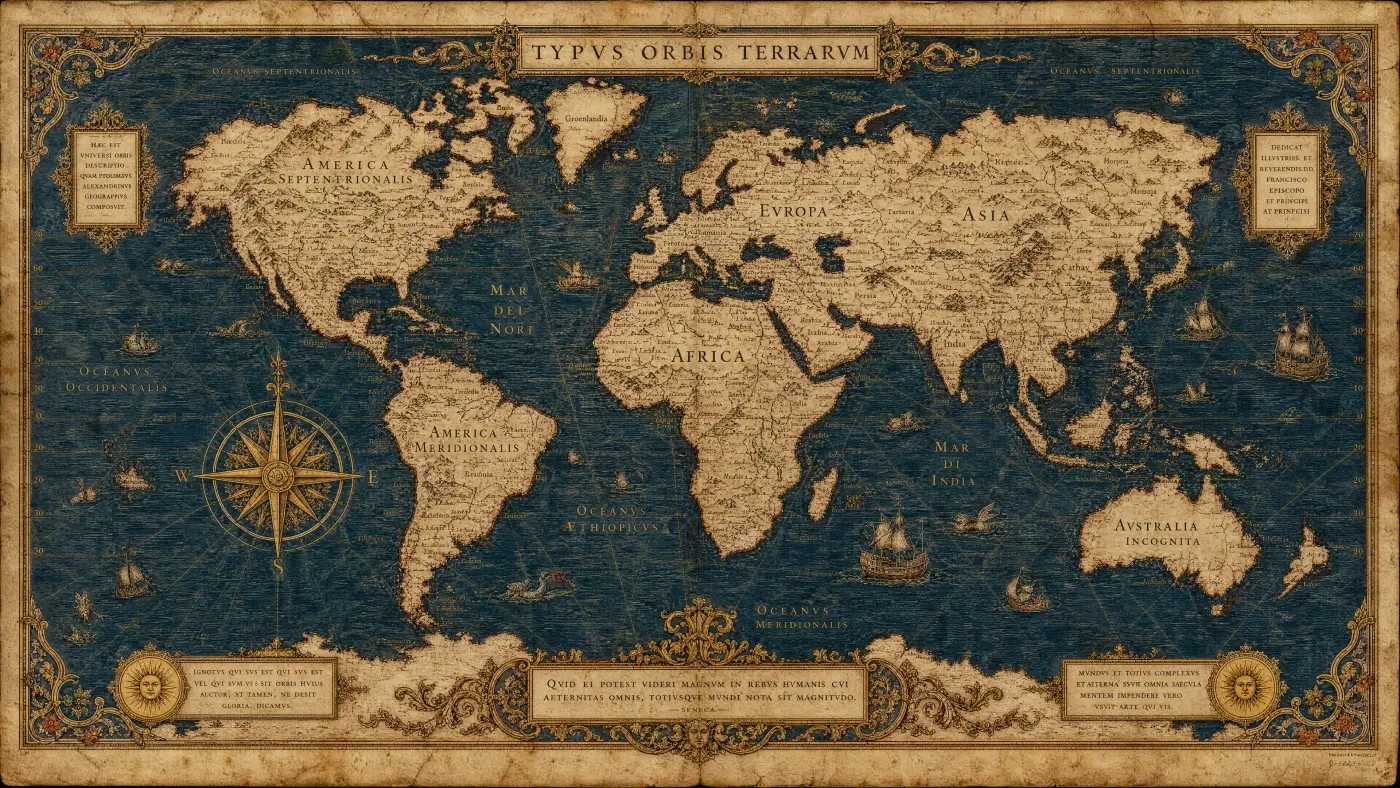 An antique illuminated map of the world, deep navy seas and gilded parchment lands.